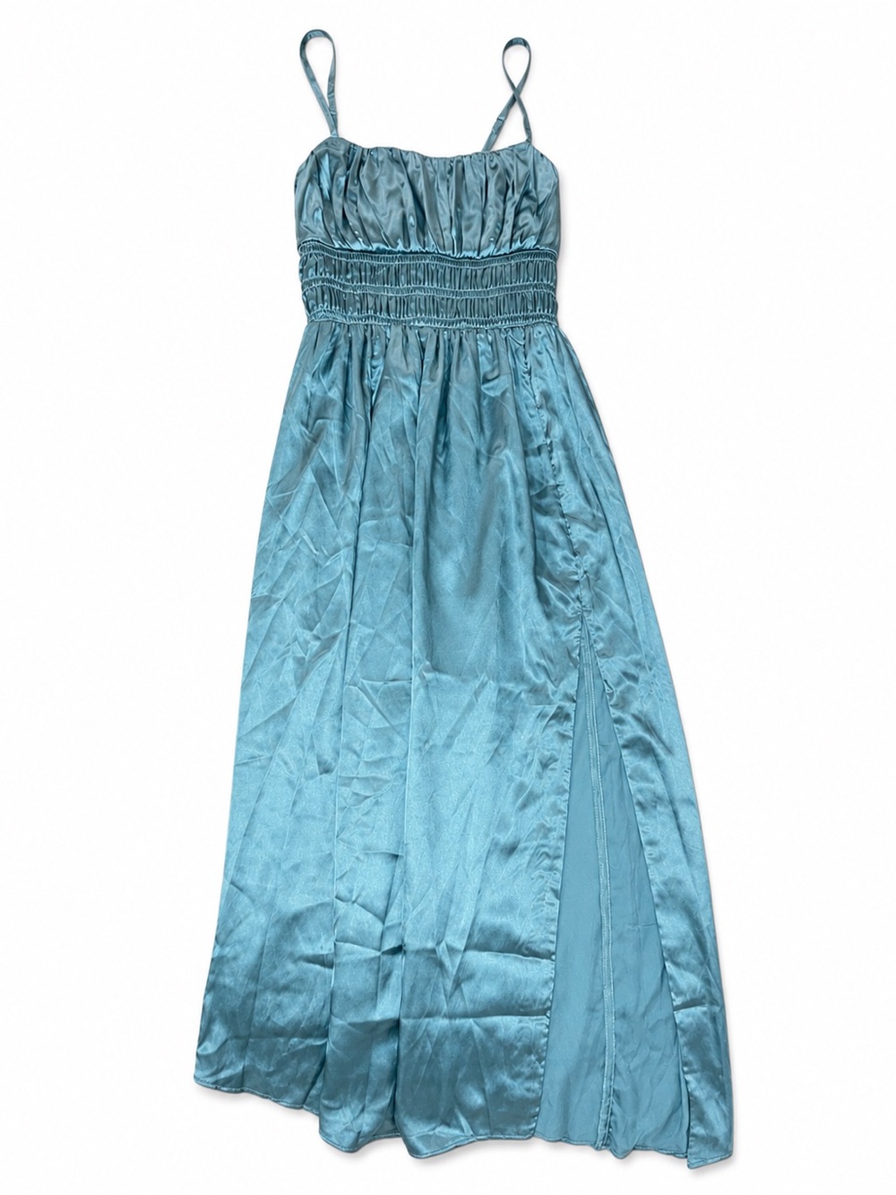 Abercrombie & Fitch Teal Satin Midi Dress with Smocked Waist